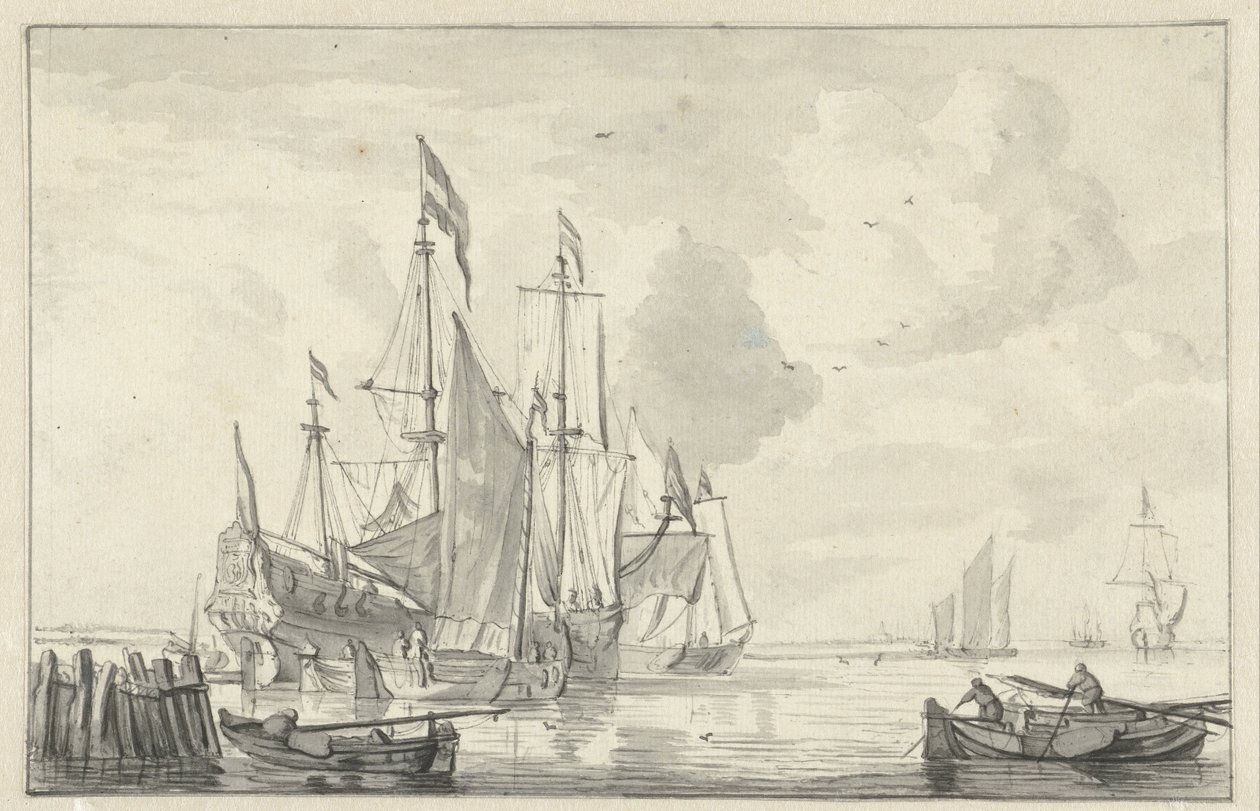 Paisaje marino con varios barcos en aguas tranquilas cerca de la orilla de Willem van de Velde (II)