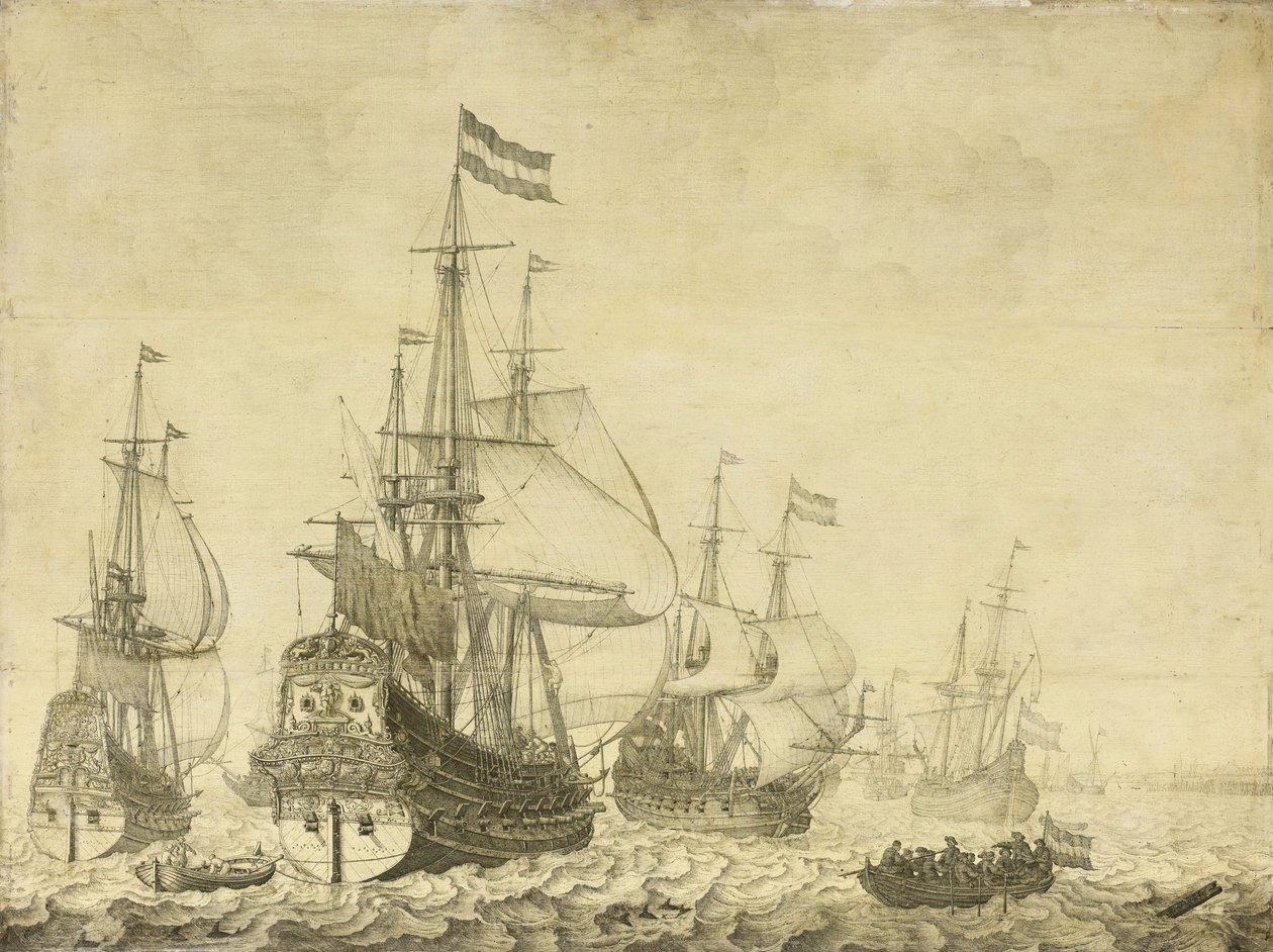 Paisaje marino con barcos de guerra holandeses incluyendo el Drenthe y el Príncipe Frederick-Henry, c.1670 de Willem van de Velde