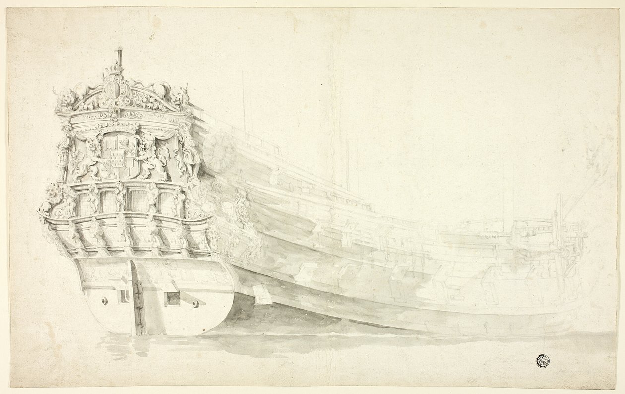 Barco holandés con proa ornamental visto desde estribor de Willem van de Velde I