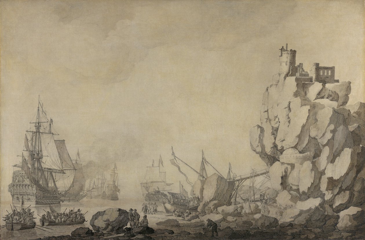 Barcos y milicias en una costa rocosa de Willem van de Velde the Elder