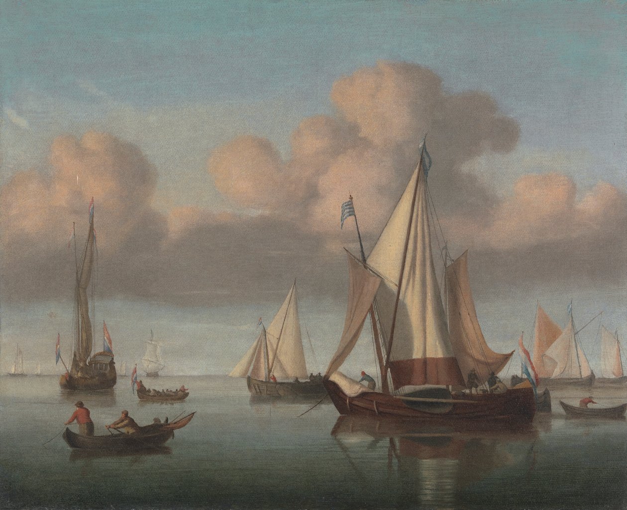 Un Kaag anclado con las velas izadas y un yate de Estado y otras embarcaciones de Willem van de Velde the Younger