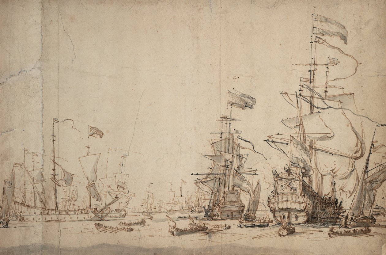 ¿Un consejo de guerra en la flota holandesa Mayo de 1665, c.1674 (pluma, tinta marrón, aguada gris) de Willem van de Velde the Younger