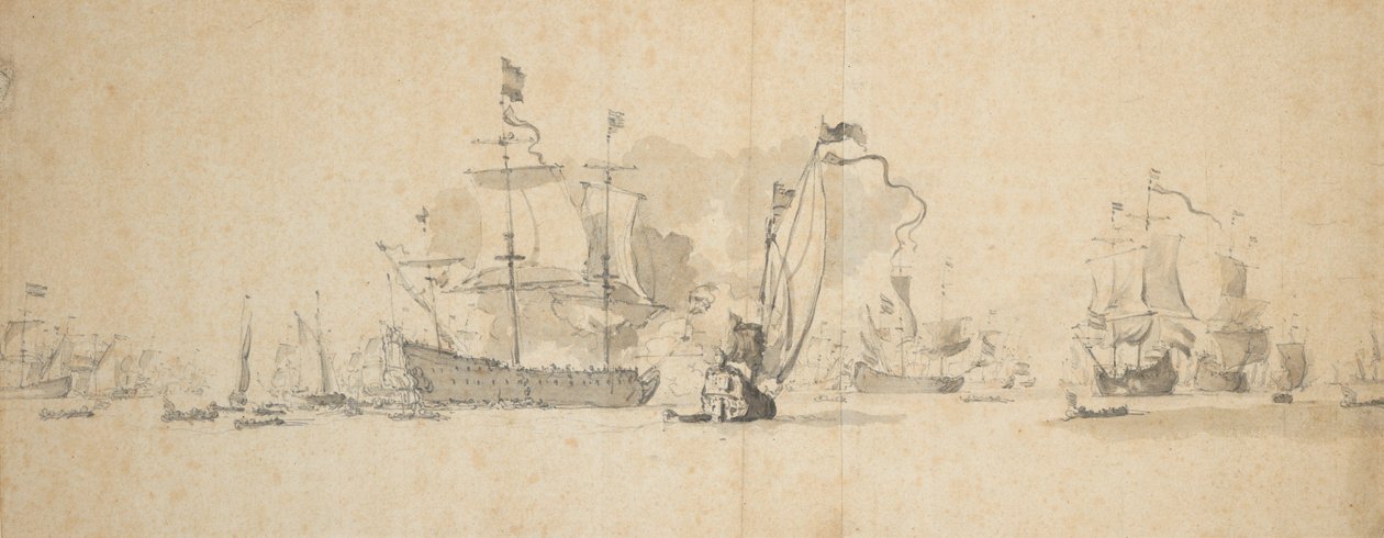 Consejo de guerra en la flota holandesa, mayo de 1665, c.1665 (grafito, aguada gris) de Willem van de Velde the Younger