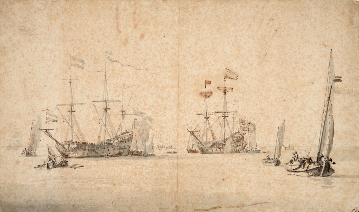 Un kaag corriendo libre y dos buques insignia holandeses anclados, c.1665 (pluma, tinta marrón, aguada gris) de Willem van de Velde the Younger