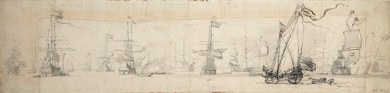Un yate de Estado a vela y barcos anclados, c.1665 (grafito, aguada gris) de Willem van de Velde the Younger