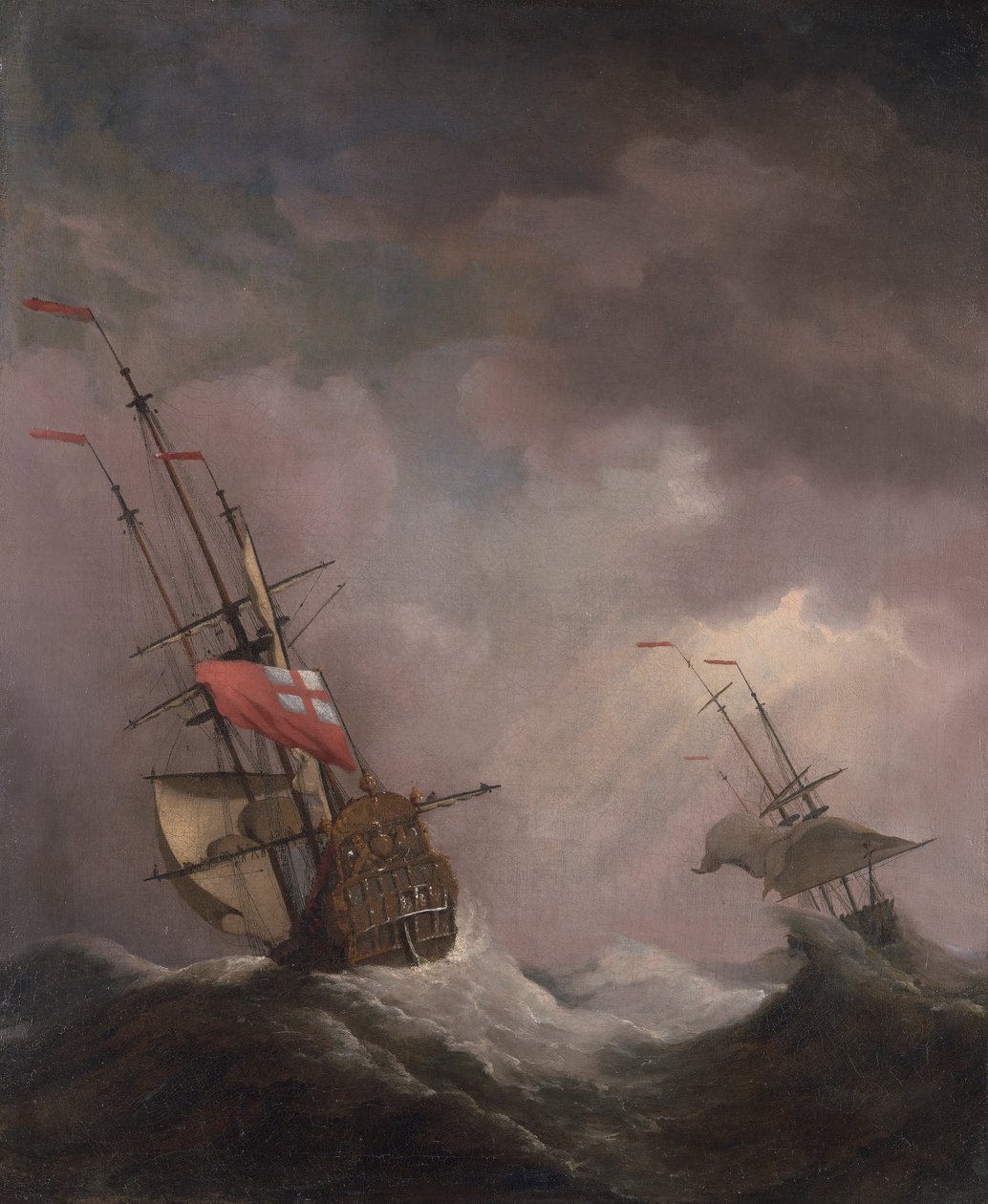 Un barco inglés en el mar corriendo en un vendaval de Willem van de Velde the Younger