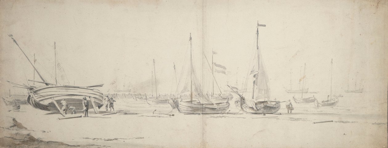 Pinks and weyshuits hauled ashore, c.1665 (grafito, gris, aguada marrón) de Willem van de Velde the Younger