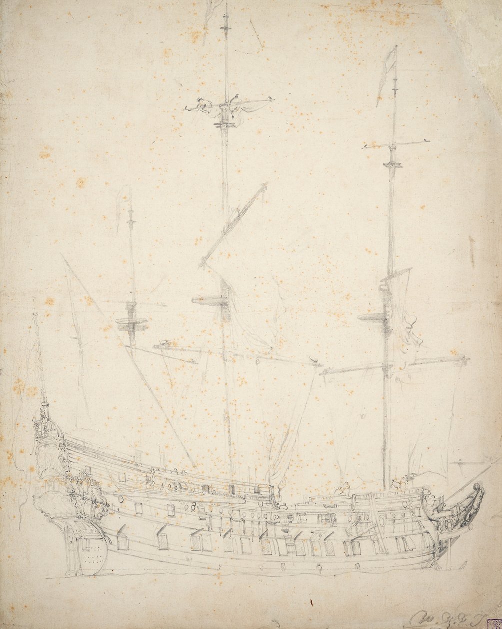 Retrato de un holandés de dos pisos, c.1655 (offset, grafito) de Willem van de Velde the Younger