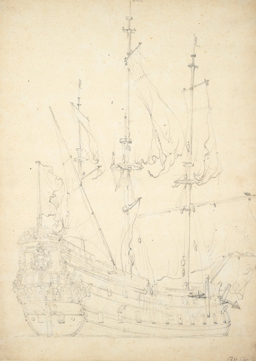 Retrato del "Groeningen". Construido en 1641. 48 cañones. Fletado por Dinamarca en 1666-1667 y no se menciona desde entonces. También llamado "Stad Groeningen", "Wapen van Groeningen" y "Zwarte Arend", c.1666 (offset, grafito). de Willem van de Velde the Younger