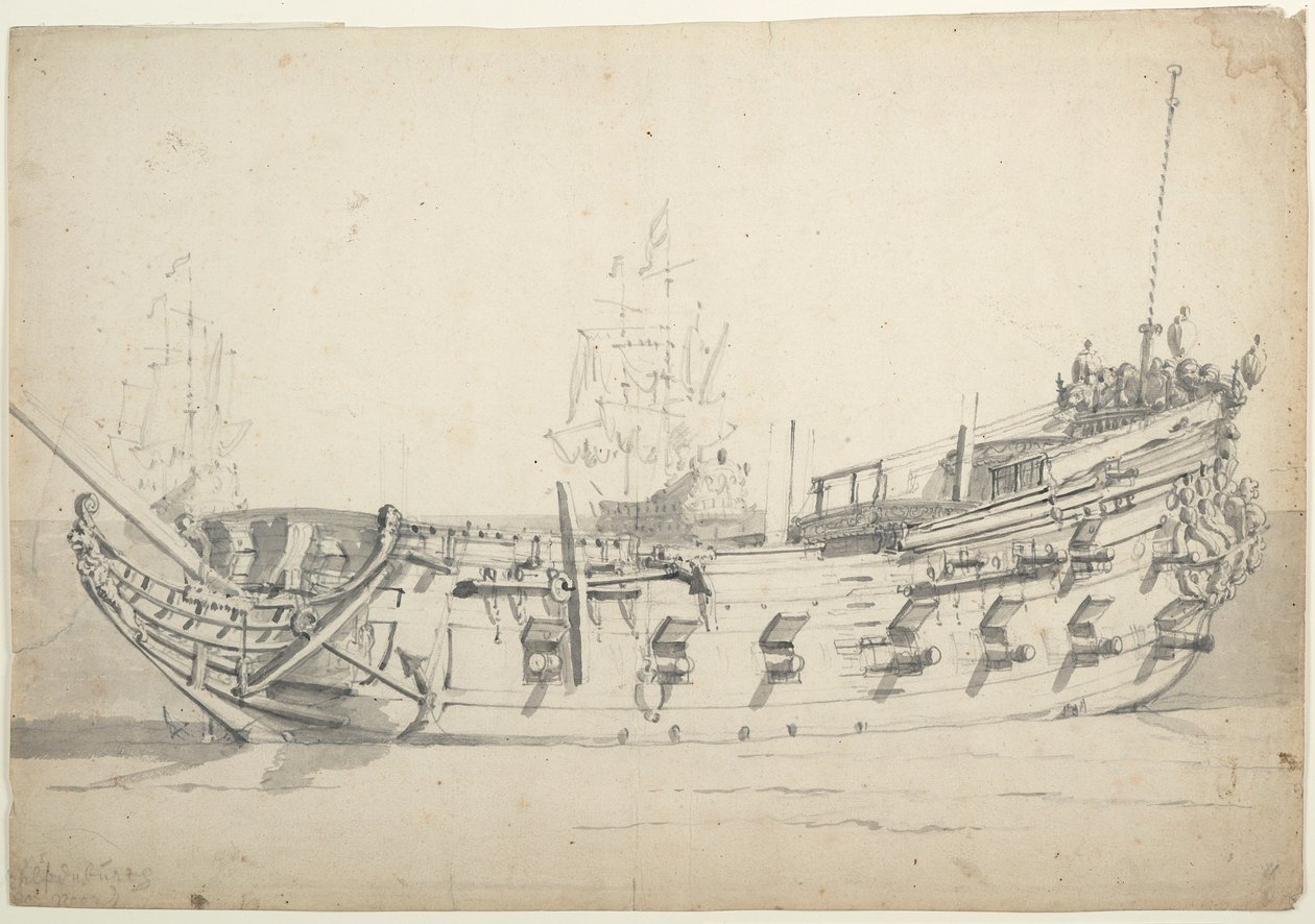 Retrato del "Wulpenburg Amsterdam", c.1659 (grafito, aguada gris) de Willem van de Velde the Younger