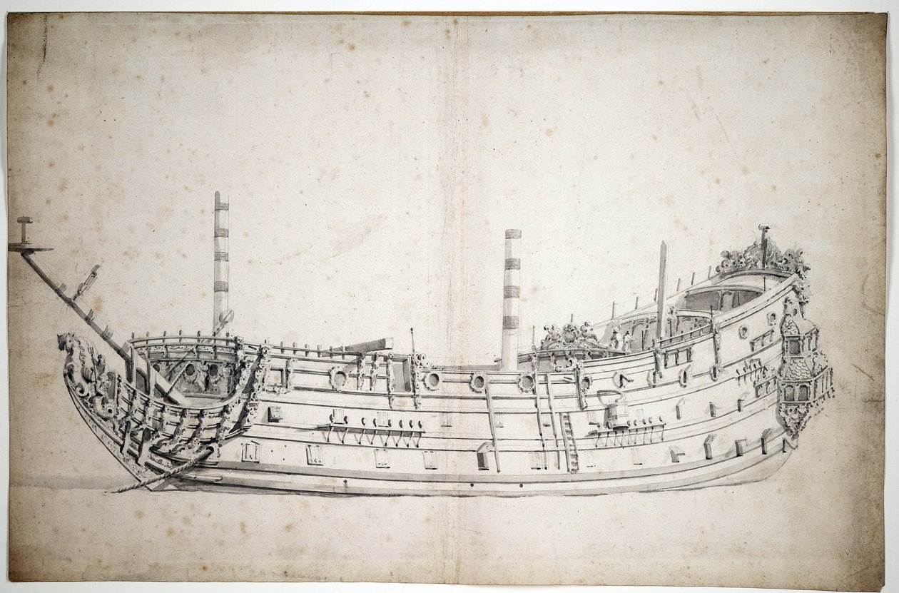 Retrato del navío "Triumph" (o "Saint George"), de 70 cañones, construido en 1623, con una figura principal que representa a Neptuno y dos caballitos de mar, con tres cubiertas completas. de Willem van de Velde the Younger