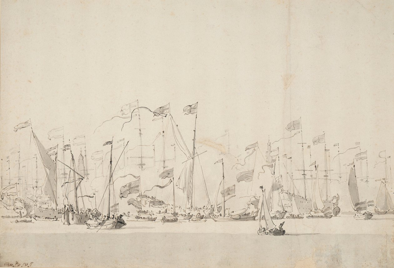 Espectáculo fluvial en la Y de Amsterdam en honor del Príncipe de Orange, 5/15 de junio de 1660, c.1675 (pluma, aguada) de Willem van de Velde the Younger