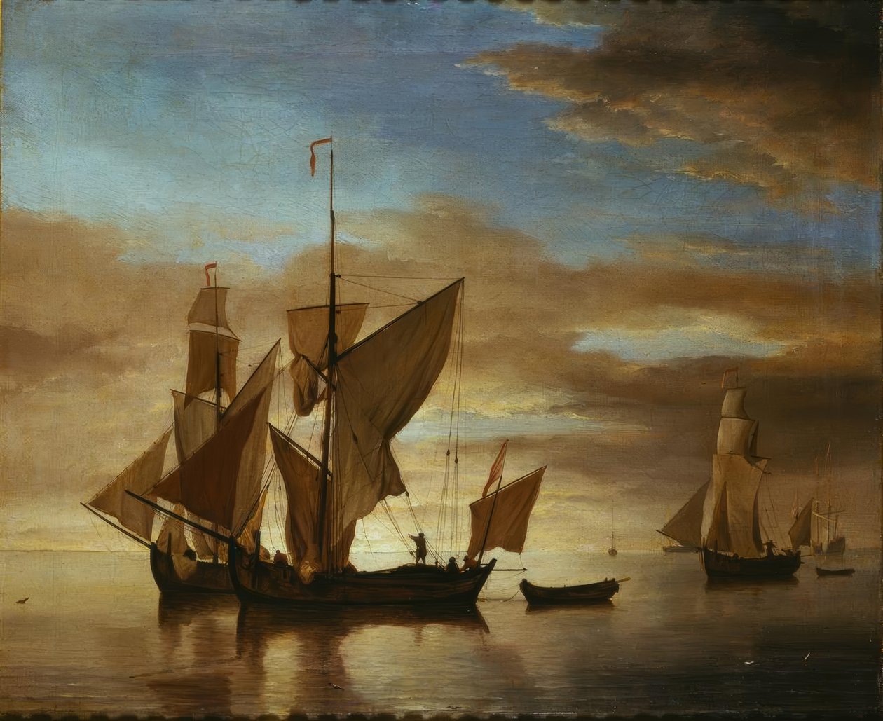Barcos en mar tranquilo al atardecer de Willem van de Velde the Younger