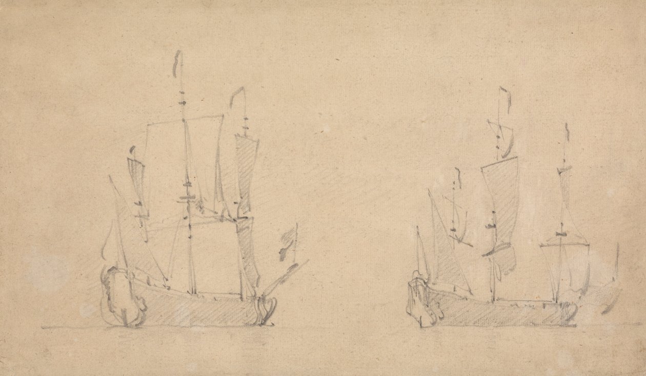 Vista de cuarto de estribor de un buque insignia con poco viento y vista similar de otro. de Willem van de Velde the Younger