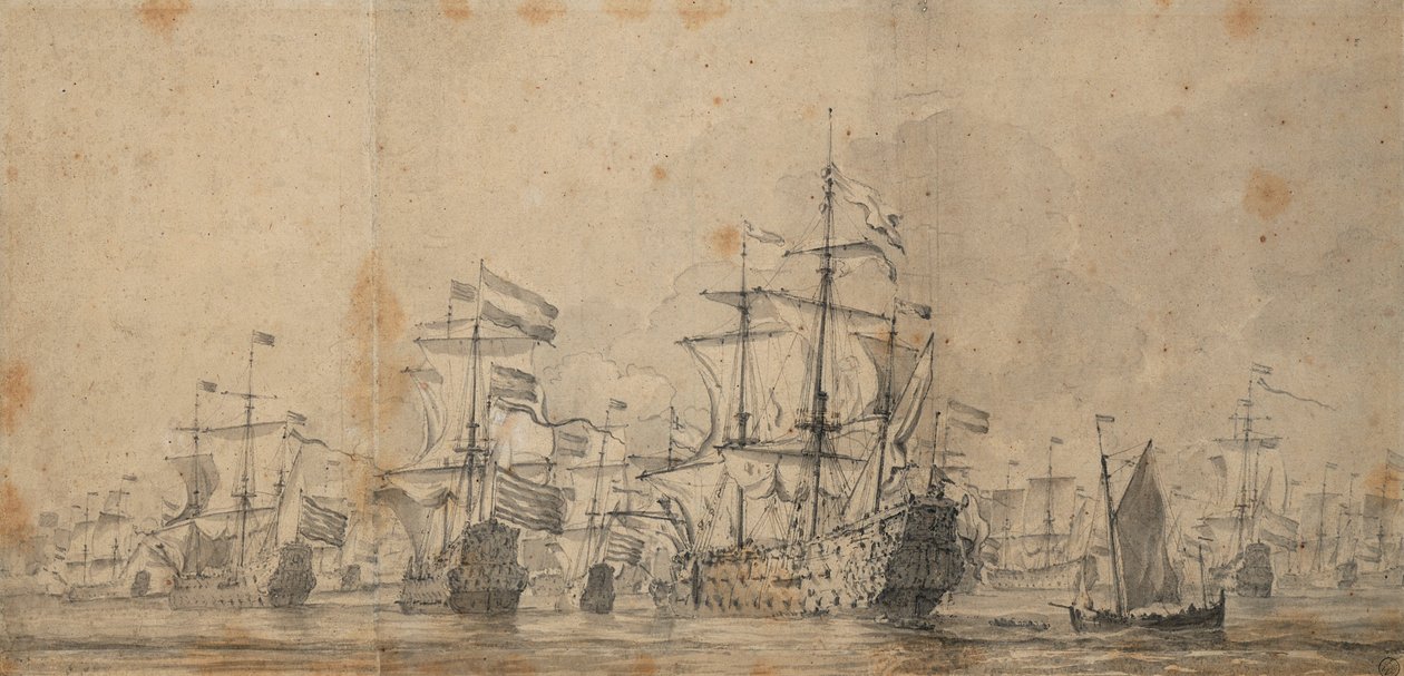 La rendición del "Príncipe Real", 3-13 de junio de 1666, c.1666 (grafito, aguada gris) de Willem van de Velde the Younger