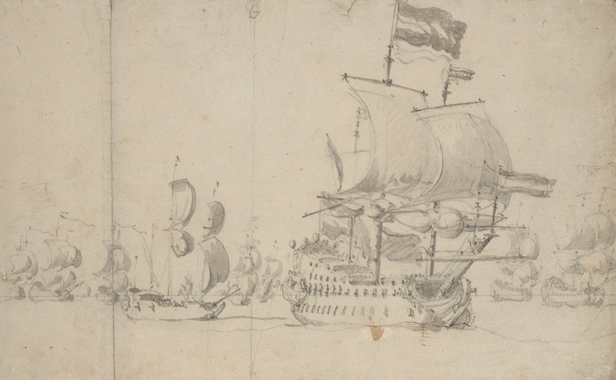 Un buque insignia holandés con un barco de despacho en su popa, ¿mayo de 1672, c.1672 (lápiz, aguada) de Willem van de the Elder Velde