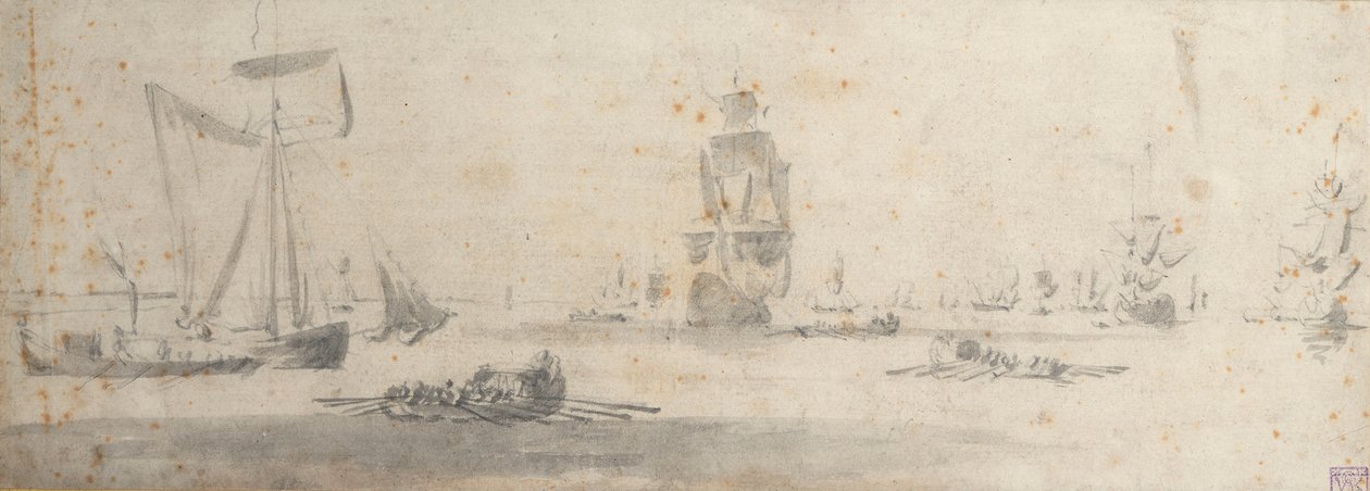 Un galliot con viento ligero y varias barcazas, c.1681 (grafito, aguada gris) de Willem van de the Elder Velde