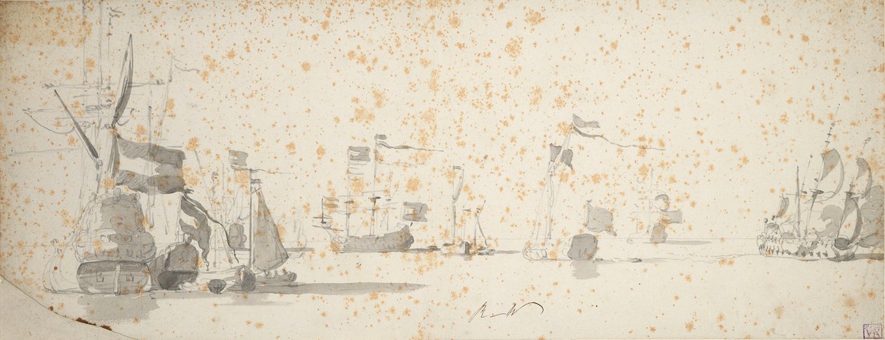 Un yate de los Estados y barcos holandeses anclados, c.1664 (grafito, aguada gris) de Willem van de the Elder Velde