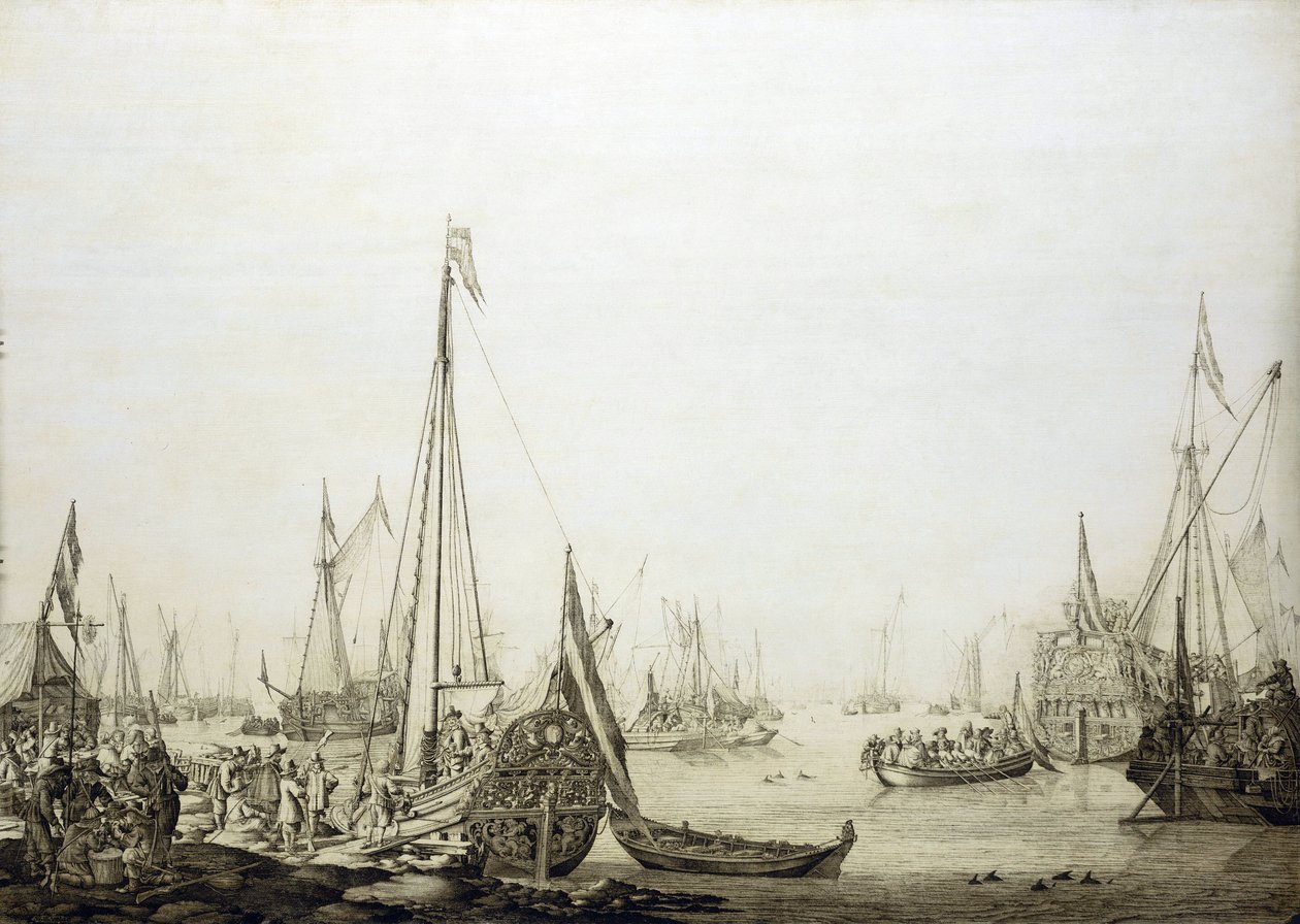 Una variedad de barcos en un puerto abarrotado, esta pintura se asocia históricamente con el viaje de Carlos II de Inglaterra (1630-1685) a La Haya (Holanda) en 1660, durante la restauración de su poder sobre el trono inglés de Willem van de the Elder Velde