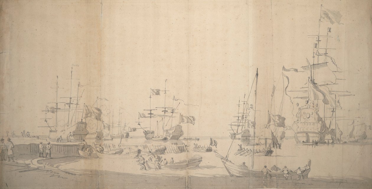 Un weyschuit siendo arrastrado a tierra en un puerto abarrotado, c.1672 (grafito) de Willem van de the Elder Velde