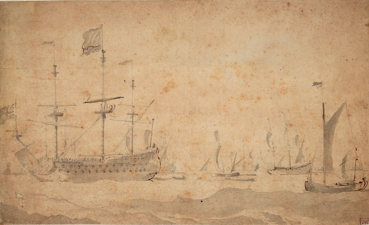 Un buque insignia inglés fondeado, posiblemente en junio de 1673, c.1673 (aguada gris) de Willem van de the Elder Velde
