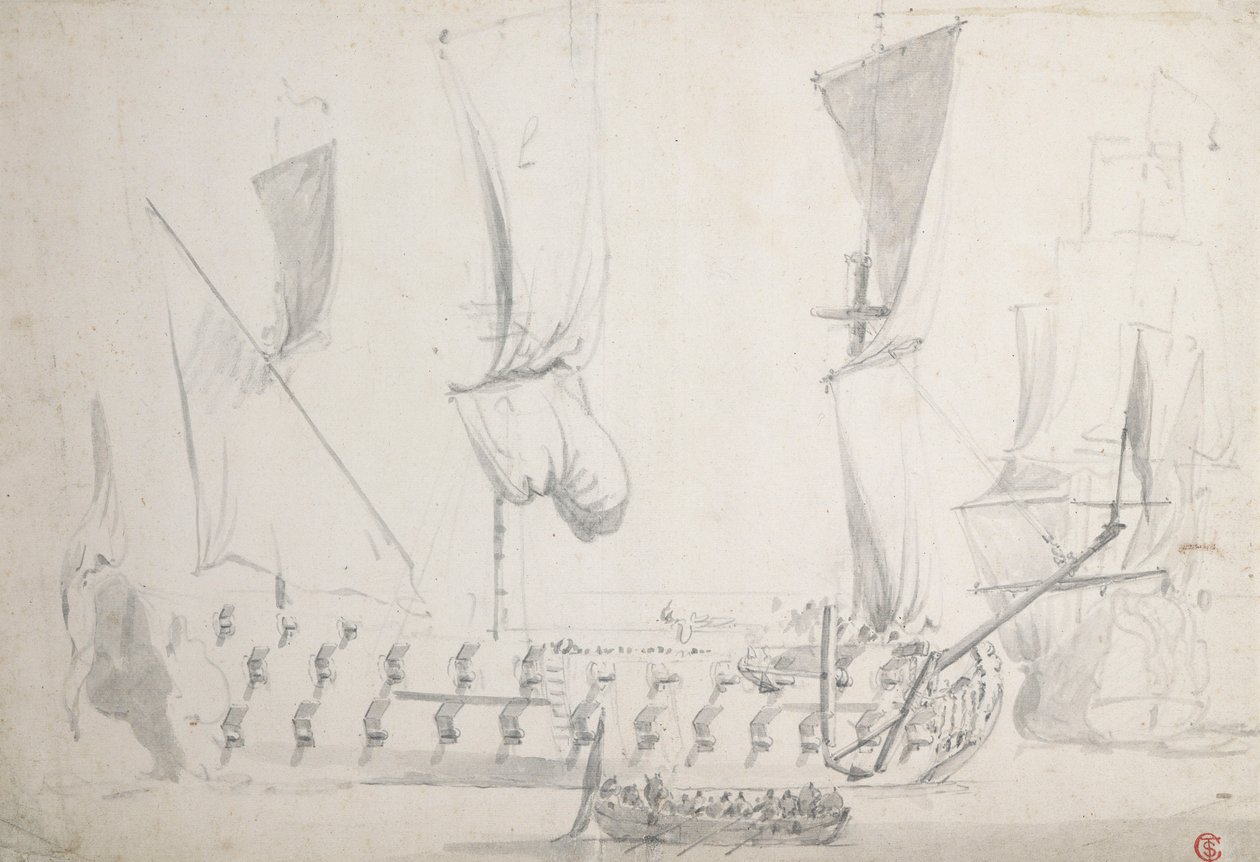 Un cuarto inglés en aires ligeros, c.1681 (grafito, aguada gris) de Willem van de the Elder Velde