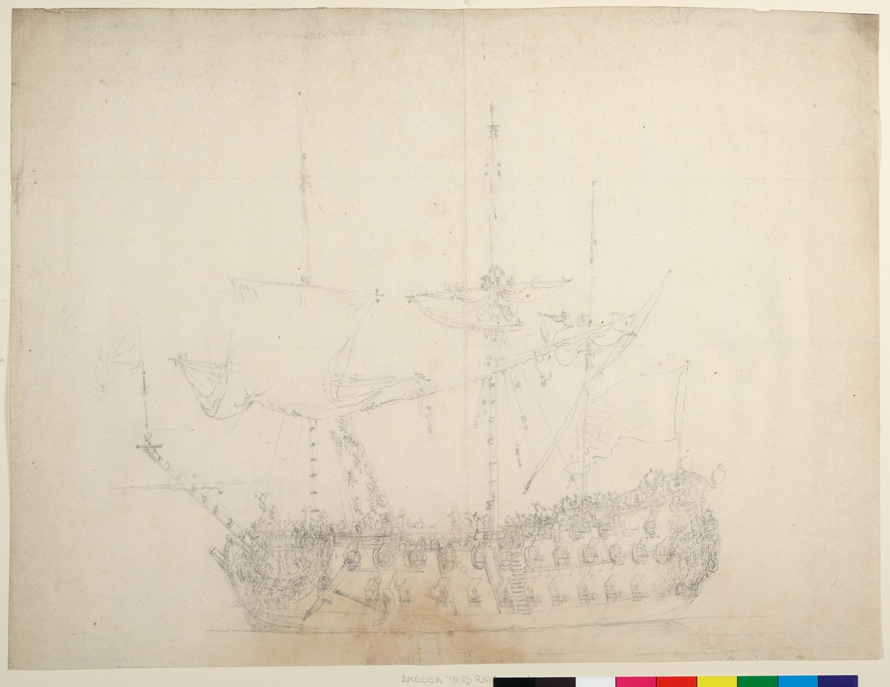 Barco inglés de tercera clase de 60 cañones visto desde proa cerrada, c.1673 (offset) de Willem van de the Elder Velde
