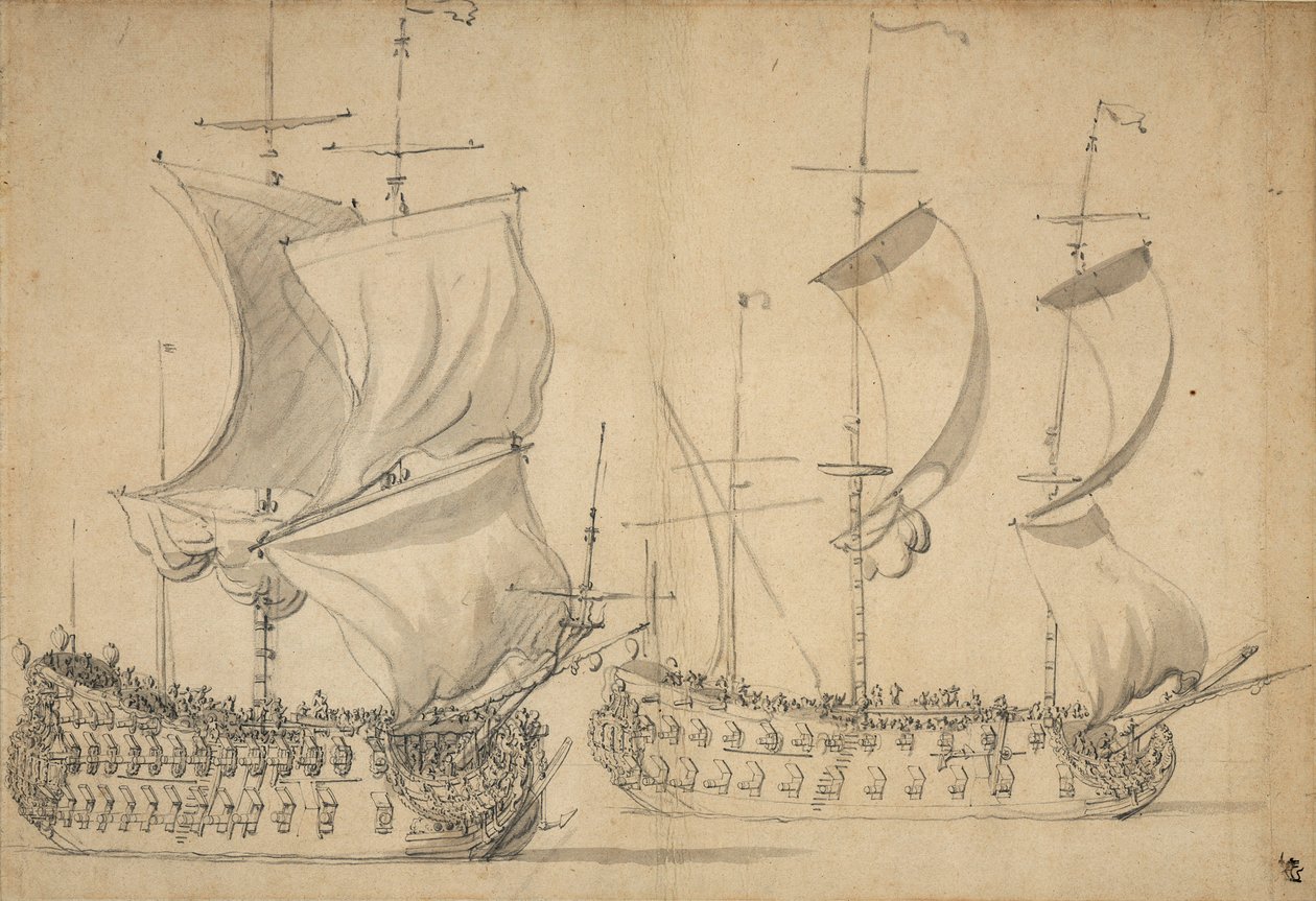 Un inglés de tercera y cuarta clase a vela fácil, c.1677 (lápiz, aguada) de Willem van de the Elder Velde
