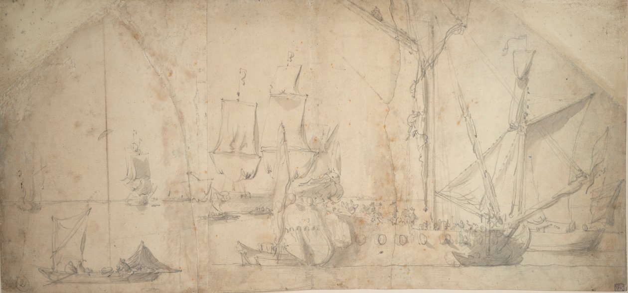 Un yate inglés fondeado enrollando velas de Willem van de the Elder Velde