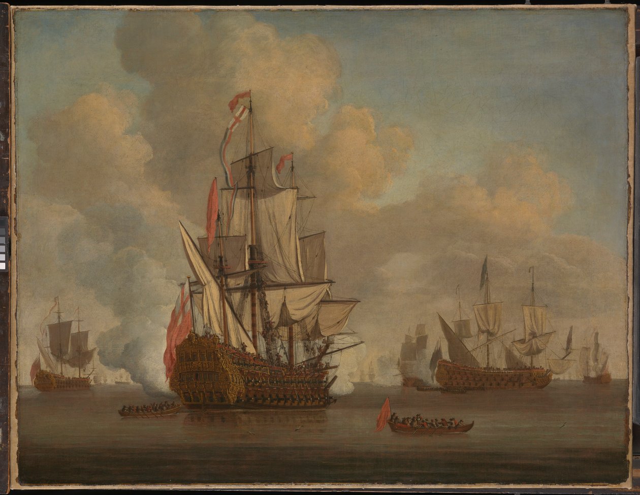 Calma: un barco inglés de dos pisos con las velas desplegadas disparando una salva. de Willem van de the Elder Velde