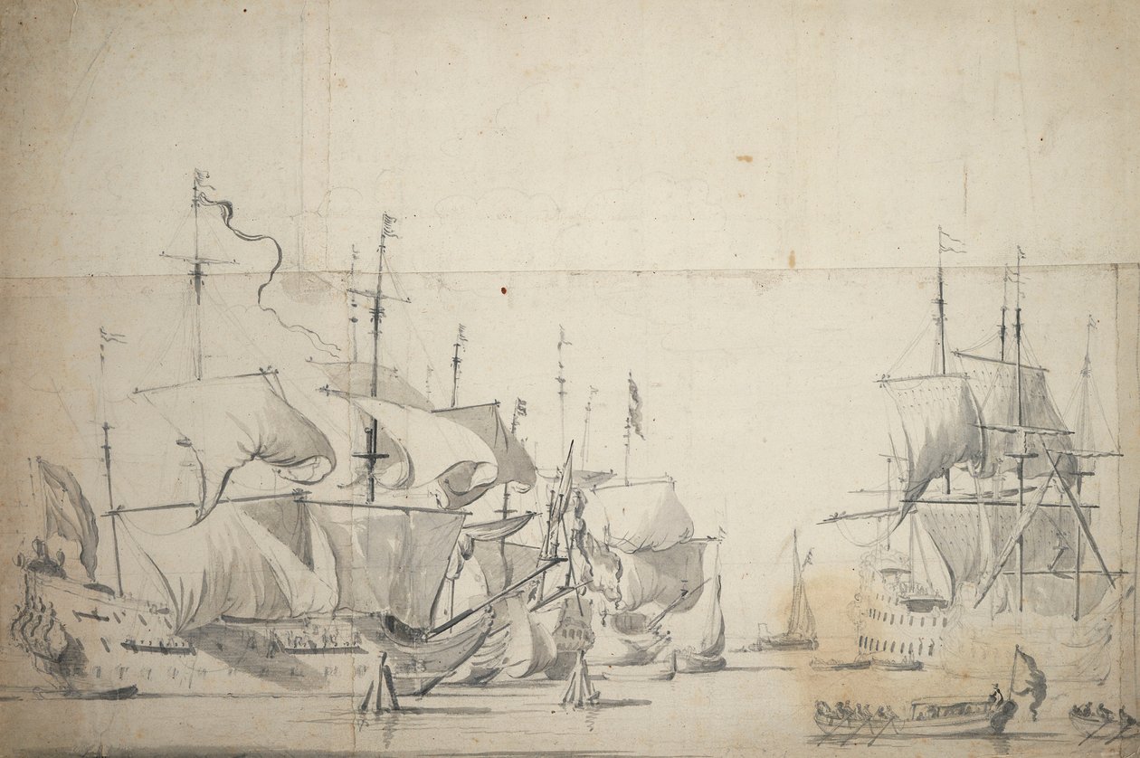 Barcos de combate holandeses secando velas, c.1658 (grafito, aguada gris) de Willem van de the Elder Velde