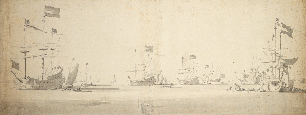 Buques insignia holandeses anclados con barcos al costado, c.1664 (grafito, aguada gris) de Willem van de the Elder Velde