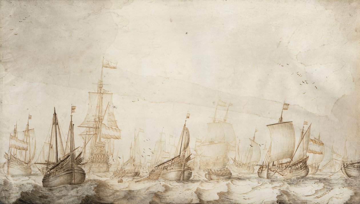 Pesqueros holandeses de arenques en el Mar del Norte. Dibujo a tinta y aguada (27,4x47,6 cm) de William van de Velde el Viejo (hacia 1611-1693), hacia 1650. de Willem van de the Elder Velde