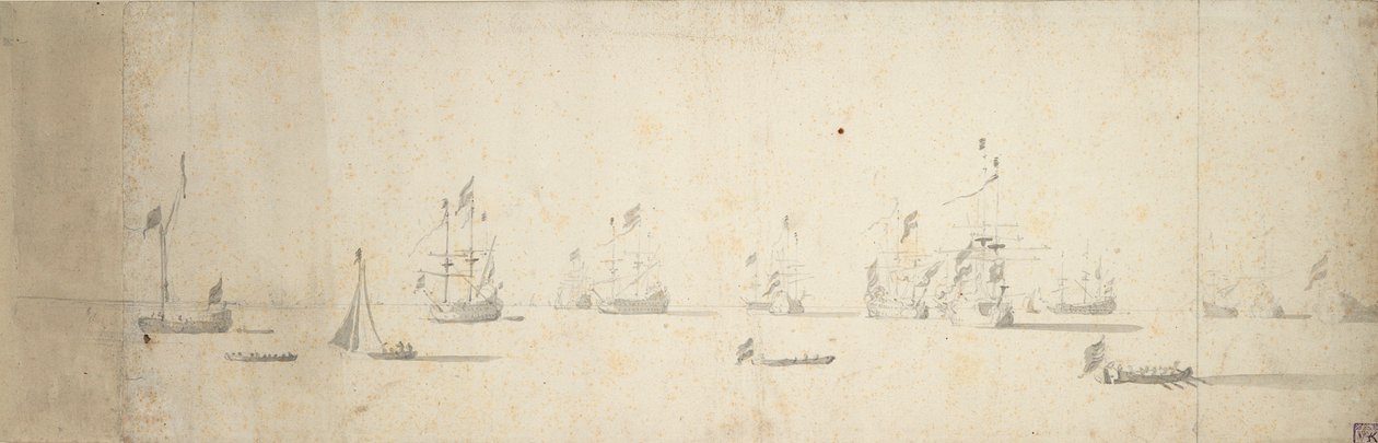 Barcos holandeses anclados frente a tierra, c.1664 (grafito, aguada gris) de Willem van de the Elder Velde