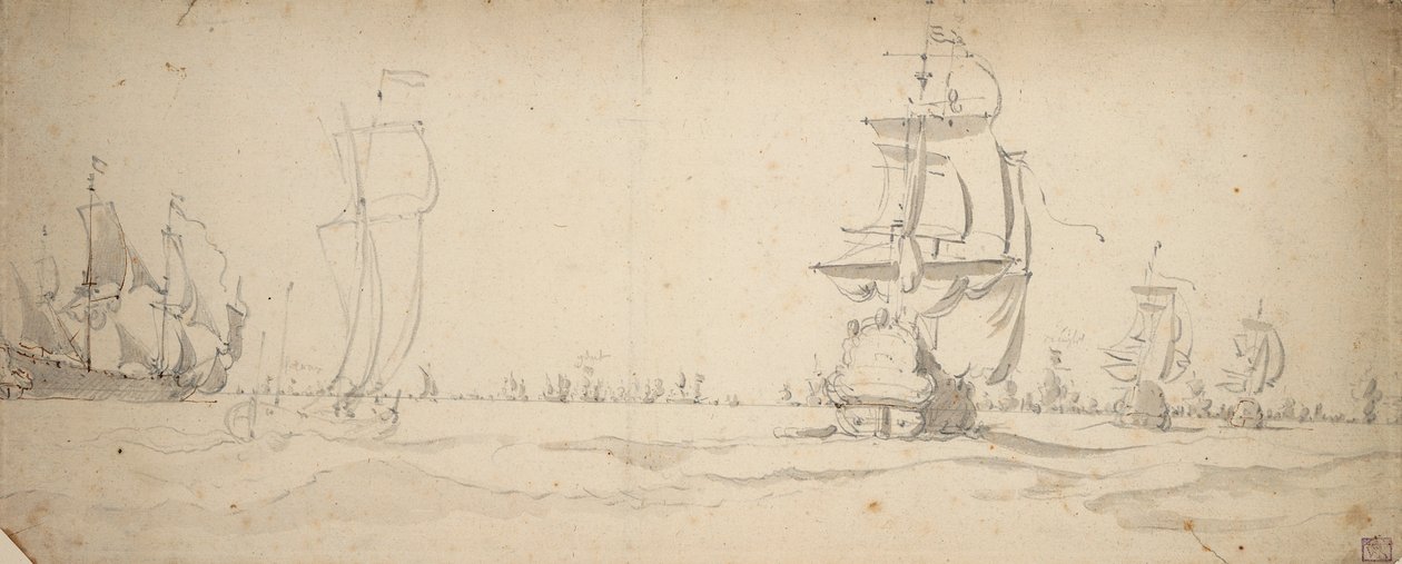 Barcos holandeses bajando hacia la flota principal, ¿mayo 1672, c.1672 (grafito, aguada gris) de Willem van de the Elder Velde