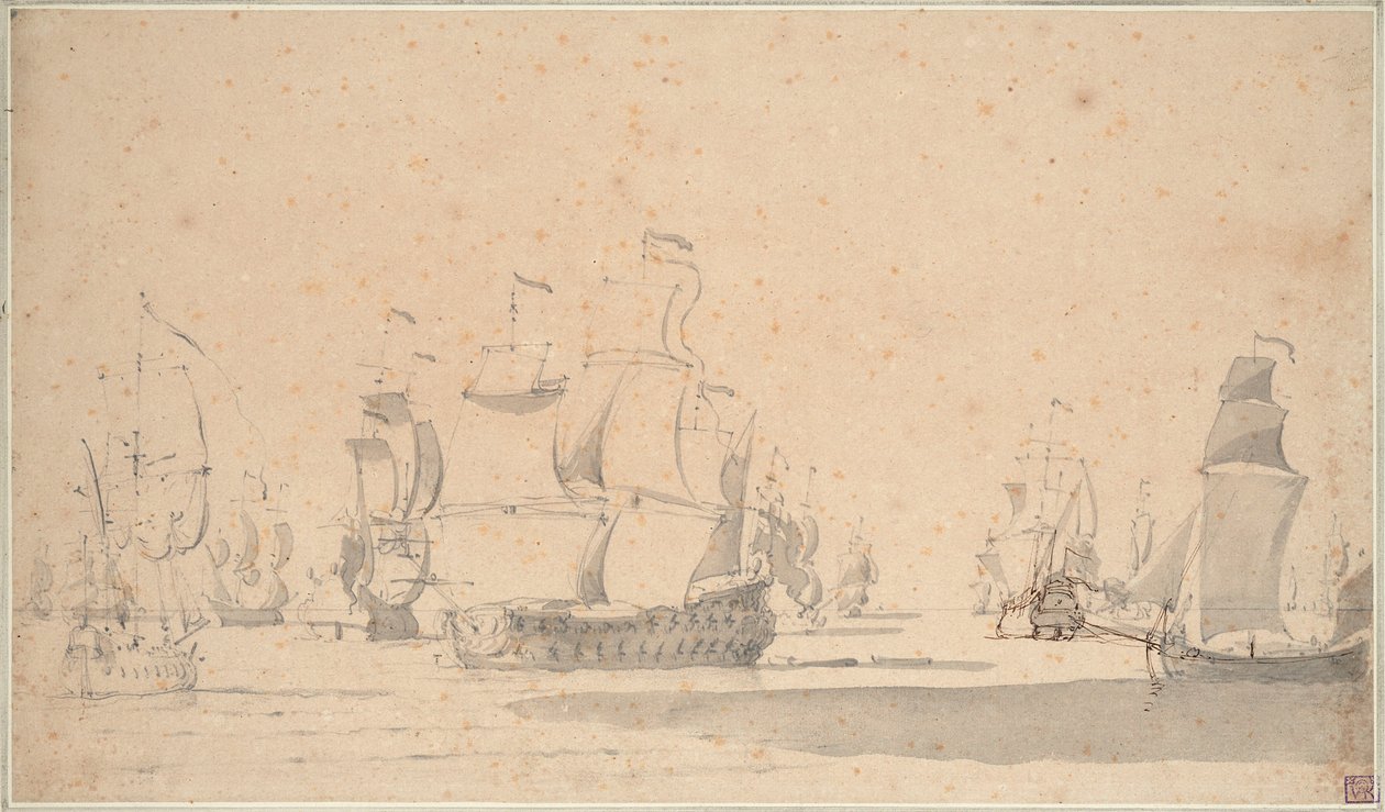 Barcos ingleses, un ketch y un galliot en una brisa ligera, ¿junio de 1673, c.1673 (lápiz, aguada, pluma, tinta marrón) de Willem van de the Elder Velde