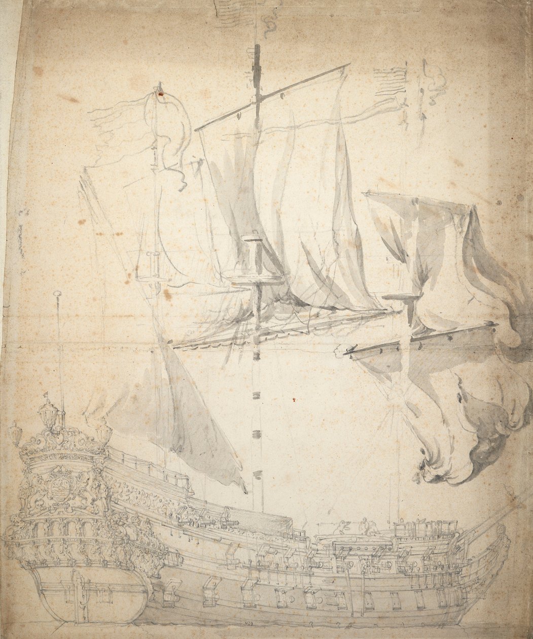 Retrato de la "Kampveere" (¿), c.1664 (offset, grafito, aguada gris) de Willem van de the Elder Velde