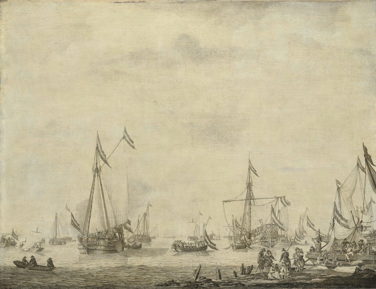 El yate real y el yate de Estado zarpan de Moerdijk con Carlos II de Willem van de the Elder Velde