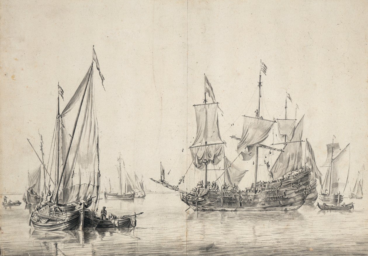 Veleros y una fragata holandesa secando sus velas. Dibujo y aguada (26x37 cm), por William van de Velde l