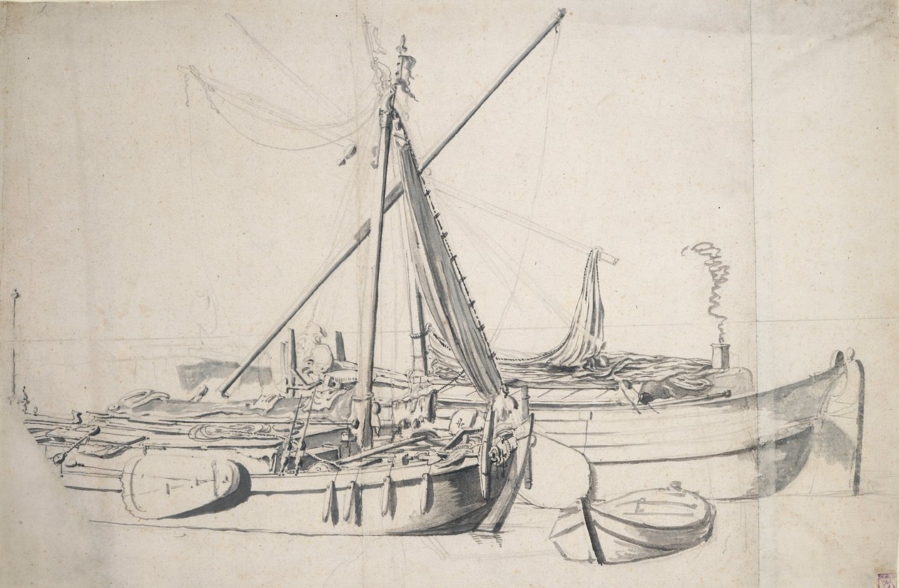 Estudio de un "damlooper" y una "smalschip" tumbados uno al lado del otro, c.1665 (grafito, aguada gris) de Willem van de the Elder Velde