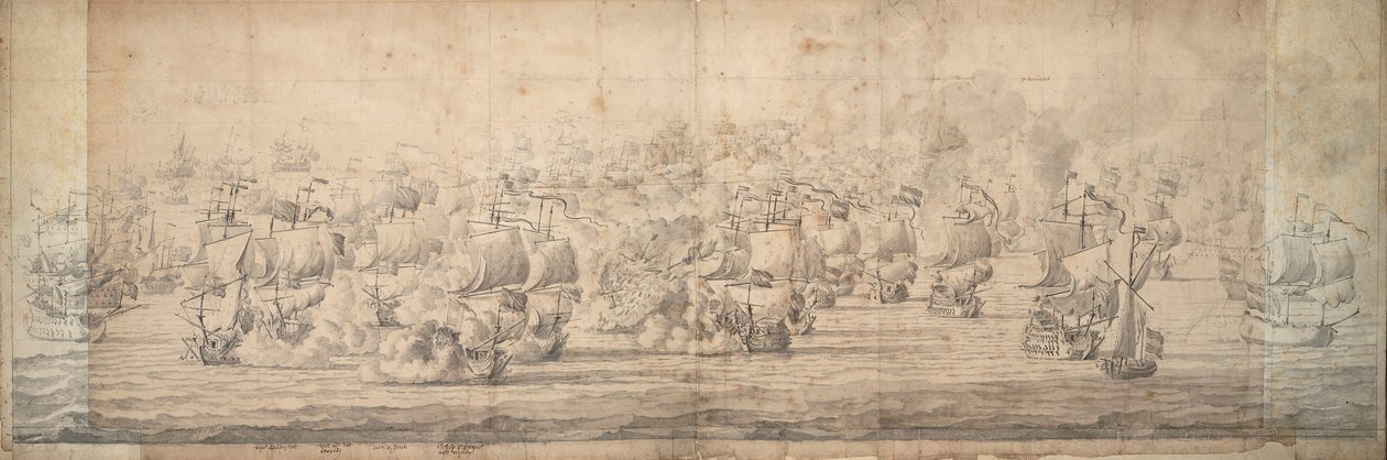 La batalla de Lowestoft, 3-13 de junio de 1665, c.1674 (grafito, tinta) de Willem van de the Elder Velde