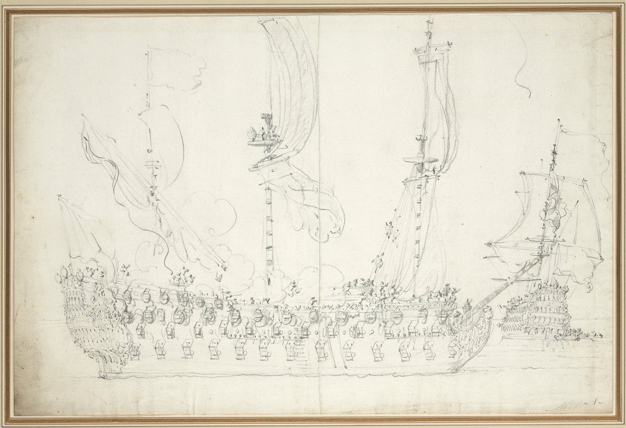 La "Duquesa" ante una ligera brisa, c.1681 (grafito) de Willem van de the Elder Velde