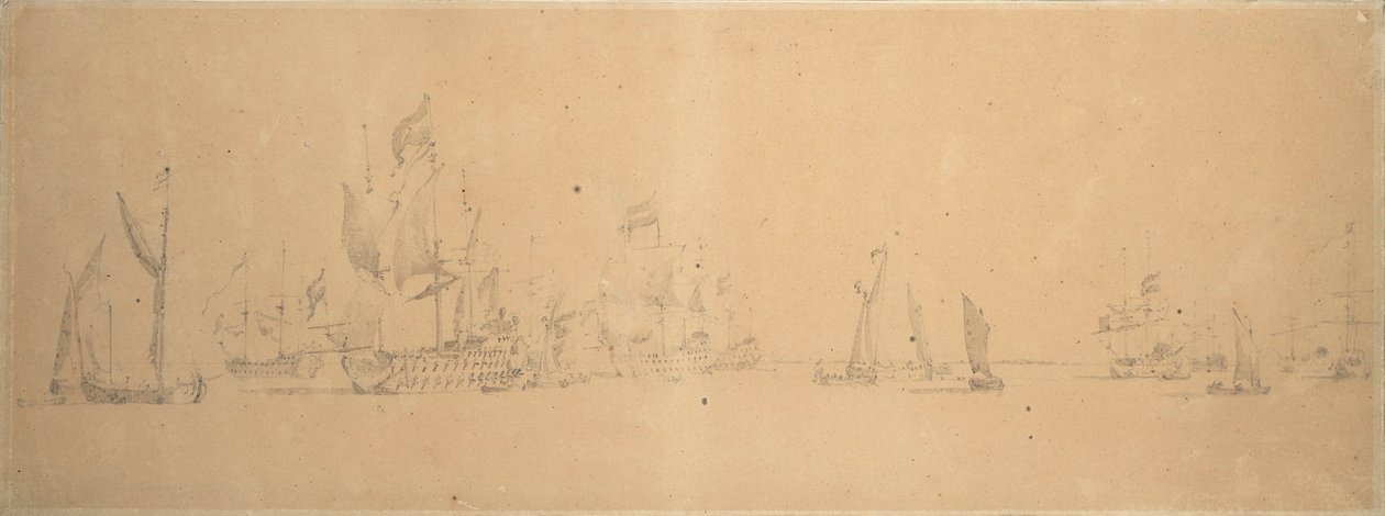 La flota holandesa en los aires ligeros, c.1666 (grafito, aguada gris) de Willem van de the Elder Velde