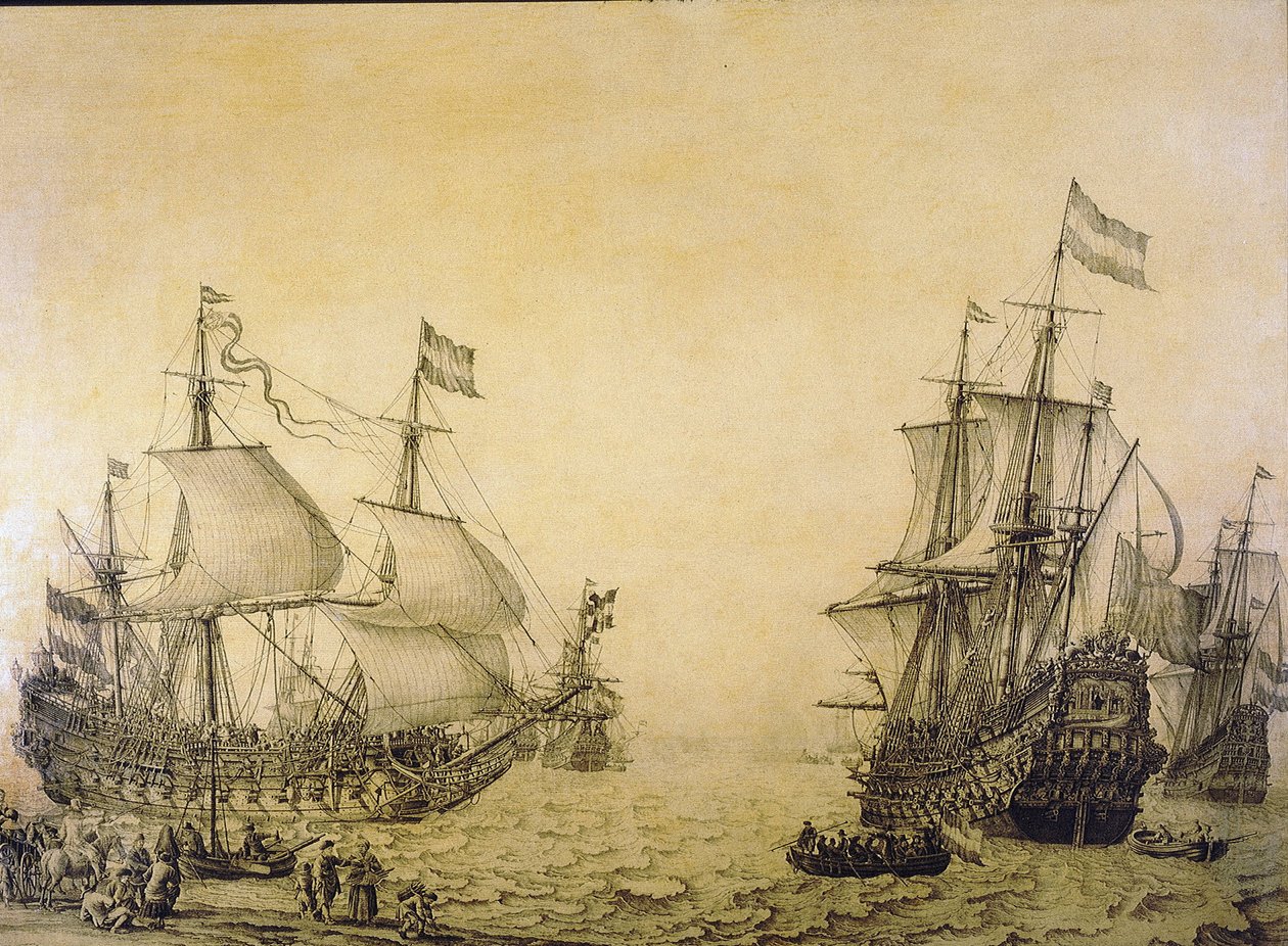 El barco holandés "Oosterwijk", abandonando la costa, se describe desde dos ángulos. Grisalla sobre madera de Willem van de the Elder Velde