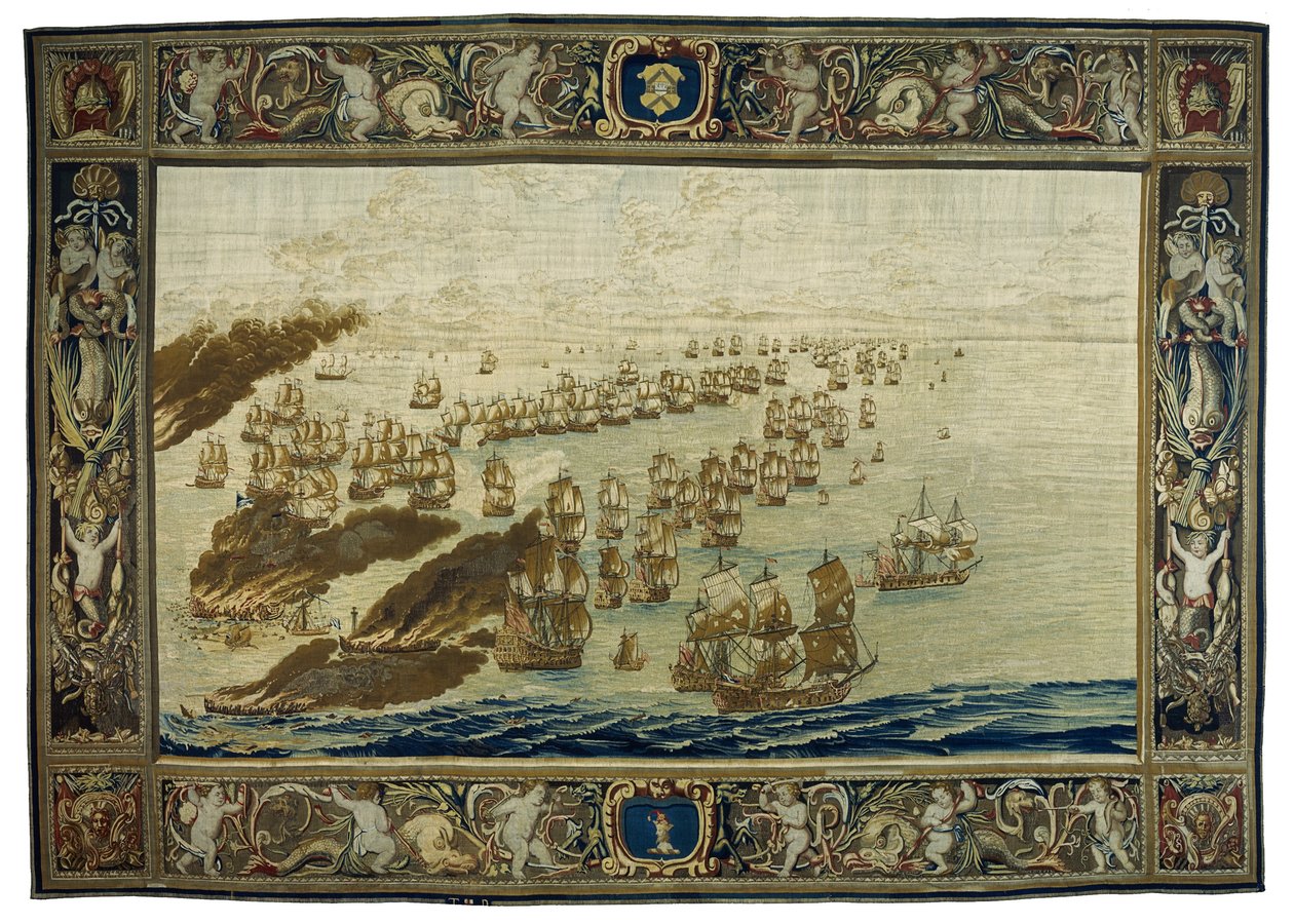 El tapiz de Mortlake (distrito de Londres, Inglaterra) representa el incendio del "Royal James" durante la batalla de Solebay, el 28 de mayo. de Willem van de the Elder Velde