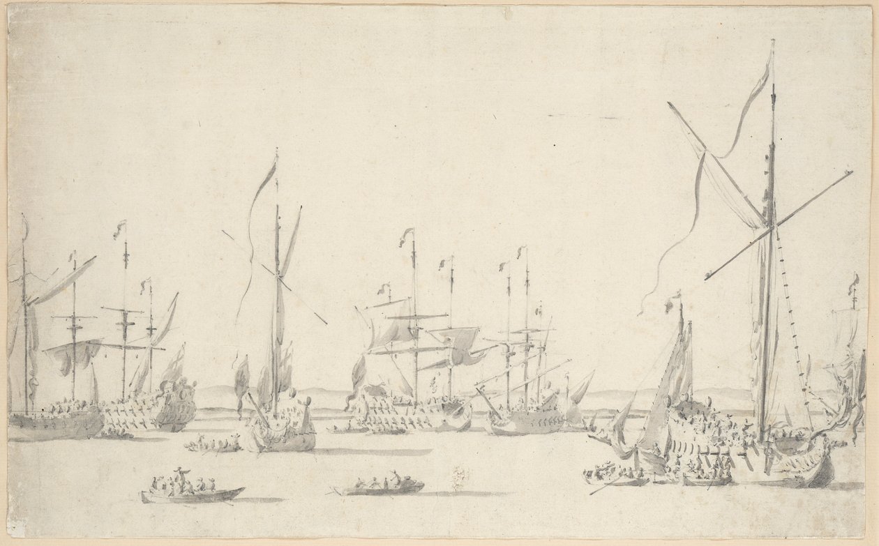 Los yates y barcos anclados cerca de Sheerness, c.1677 (grafito, aguada gris) de Willem van de the Elder Velde