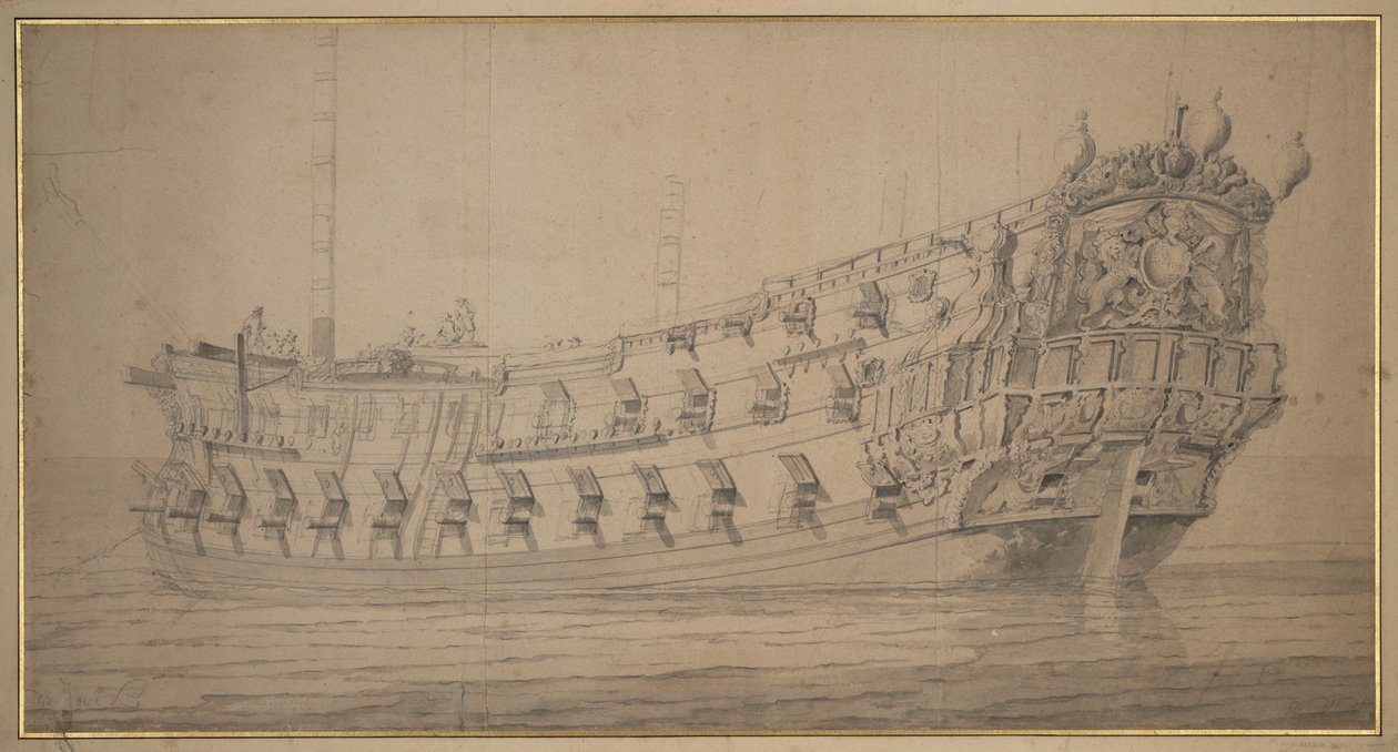 El "York", c.1674 (grafito, aguada gris) de Willem van de the Elder Velde