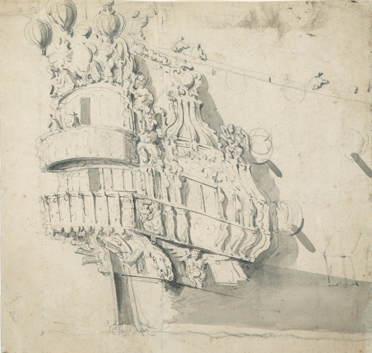 La popa del "Hampton Court", c.1685 (grafito, aguada gris) de Willem van de the Elder Velde