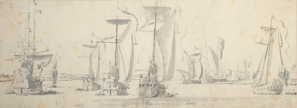 Visita de Carlos II al "Tigre" en Woolwich: Los yates doblando un recodo del río de Willem van de the Elder Velde