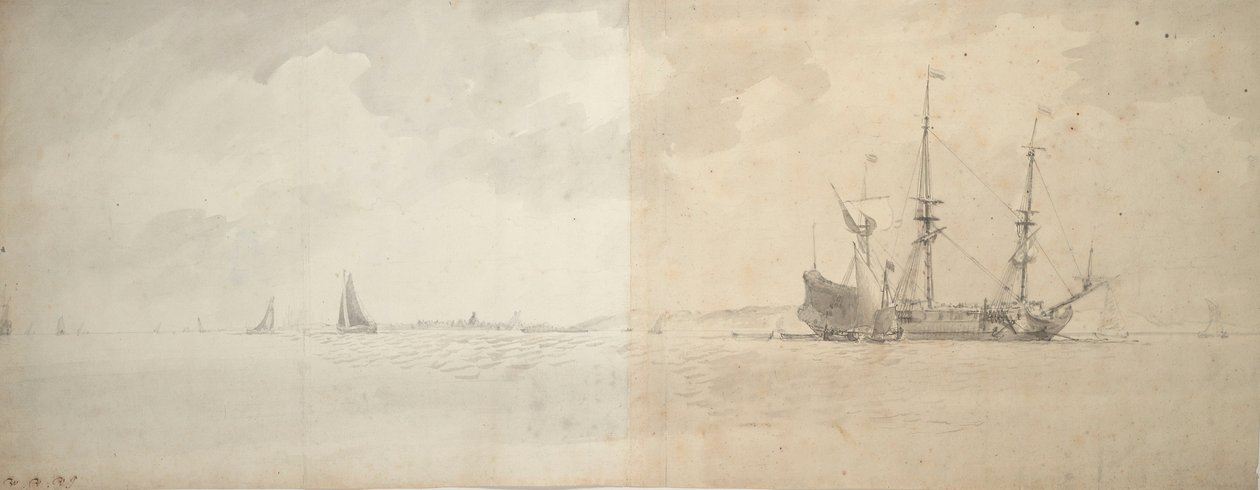 Un buque de guerra holandés anclado, c.1666 (grafito) de Willem van de Velde the Younger